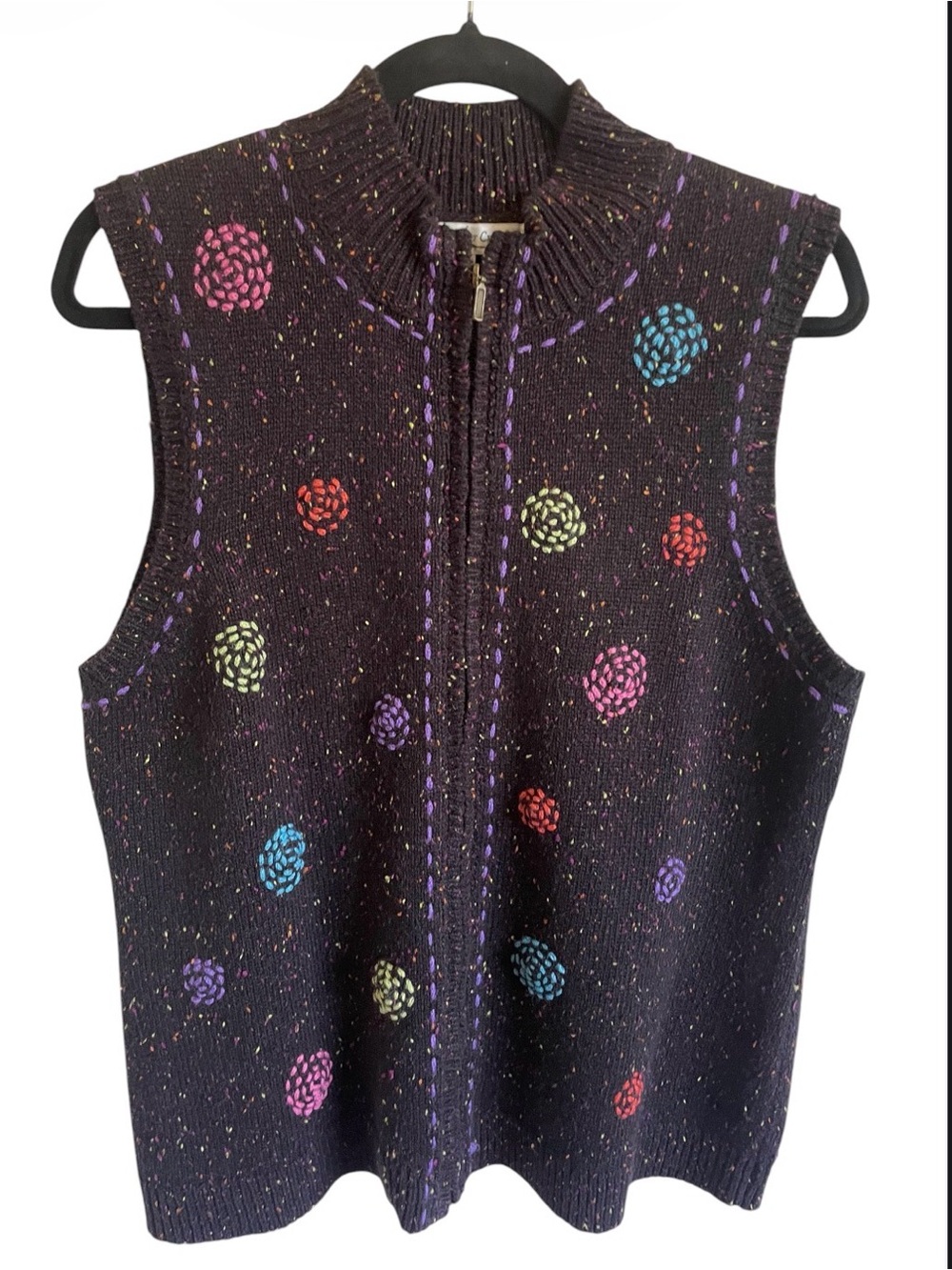 Vintage Coldwater Creek Embroidered Knit Sweater Vest Full Zip